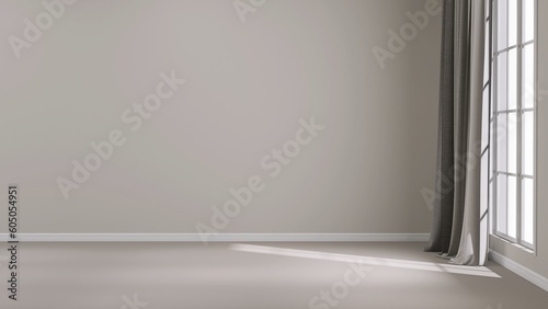 Empty luxury room with black gray wall, baseboard; white window, blackout curtain in sunlight, shadow on carpet for luxury interior design, decoration, home appliance product space background 3D