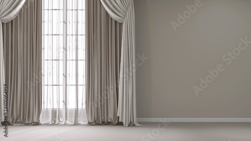 Three layers of cream side curtain  beige blackout drapery  white sheer fabric drape  blank gray wall  baseboard  sunlight from window on floor. Interior design decoration product  space background 3D