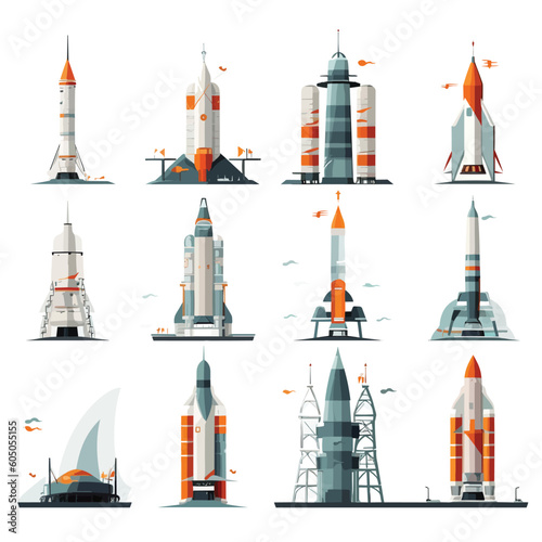 Rocket launch pad set vector isolated