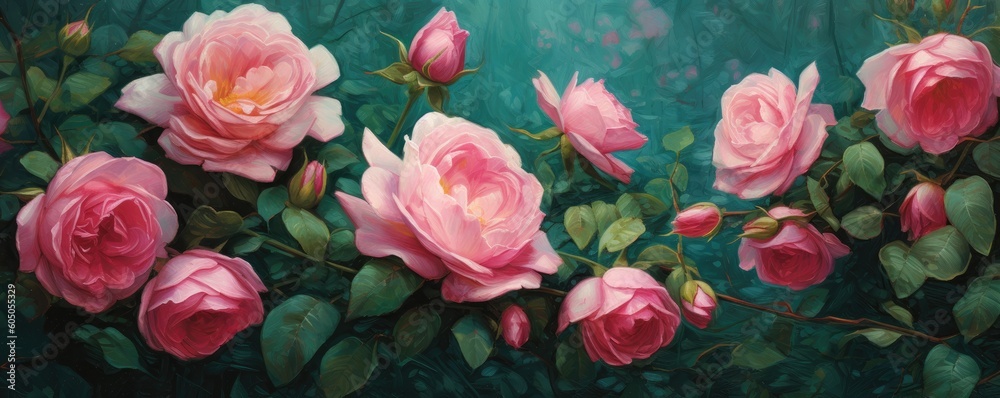 pink Roses, with ethereal lighting in a Horizontal layout, in a Floral-themed, photorealistic illustration in JPG. Generative ai