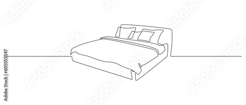 Double bed in continuous one line drawing. Scandinavian stylish furniture for cozy loft bedroom in simple linear style. Editable stroke. Doodle vector illustration
