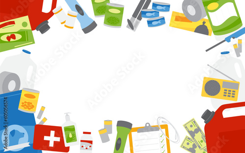 A set of emergency supplies, hurricane and disaster preparedness items in a row with copy space.
