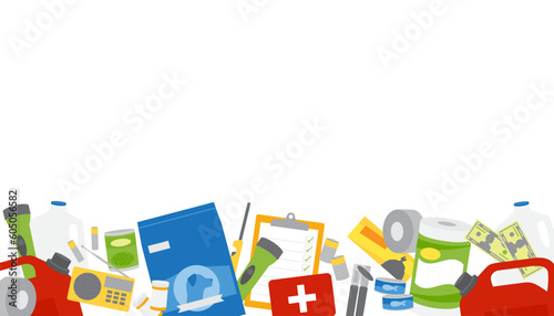 A set of emergency supplies, hurricane and disaster preparedness items in a frame around copy space.
