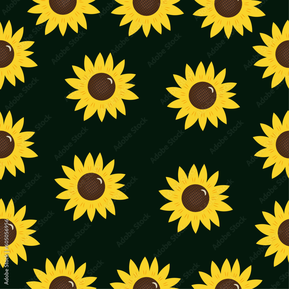 dark green seamless pattern with cute adorable vector sunflowers dark green seamless pattern with cute adorable vector sunflowers
