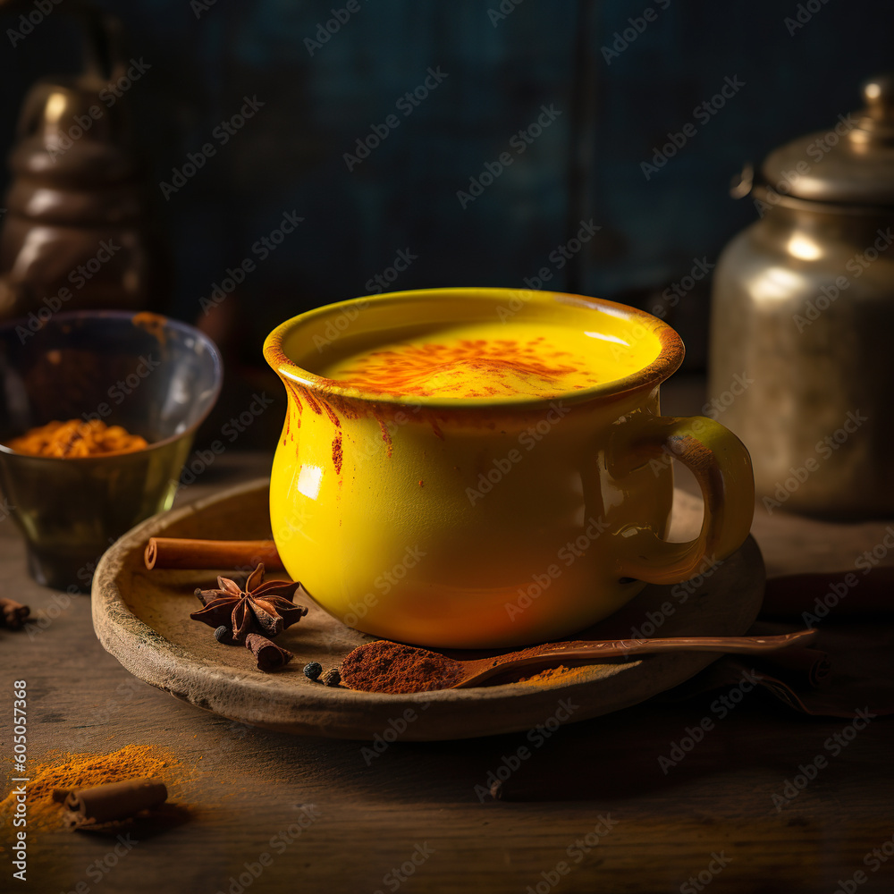 Golden milk turmeric latte in a indian kitchen. Traditional indian drink turmeric milk. Healthy ayurvedic drink. Realistic 3D illustration. Generative AI Golden milk turmeric latte in a indian kitchen. Traditional indian drink turmeric milk. Healthy ayurvedic drink. Realistic 3D illustration. Generative AI
