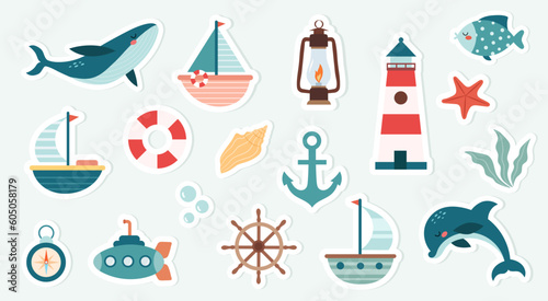 Сute marine stickers on a light background