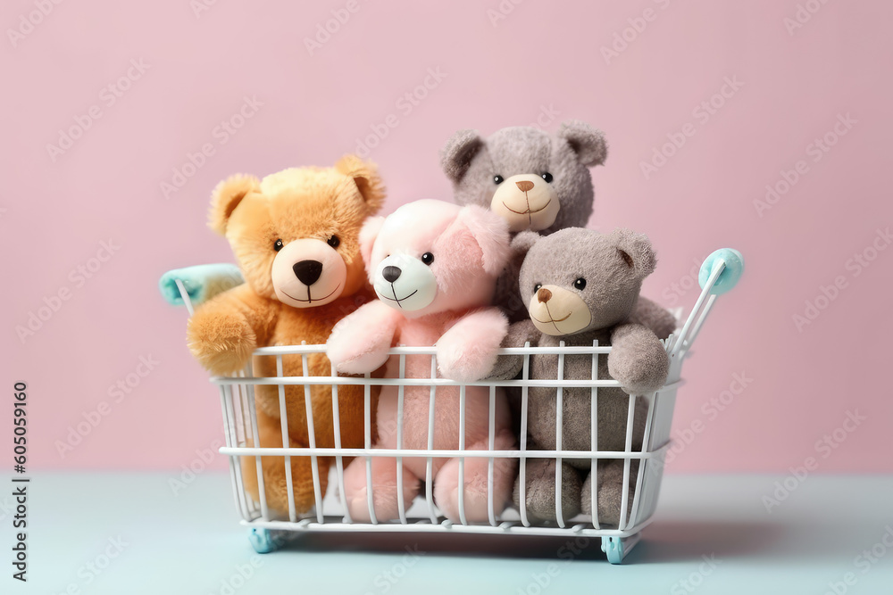 Photo Art Print Cute soft plush toy bears in a miniature shopping cart SnowElf
