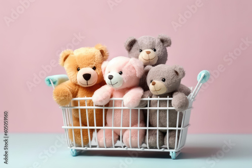 Cute soft plush toy bears in a miniature shopping cart. Isolated on a pastel light color background with copy space. Creative banner for a toy store. Generative AI professional photo imitation.