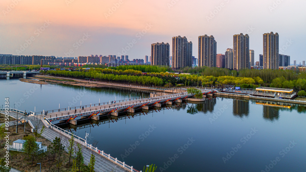 Landscape of buildings along the Yitong River in Changchun, China