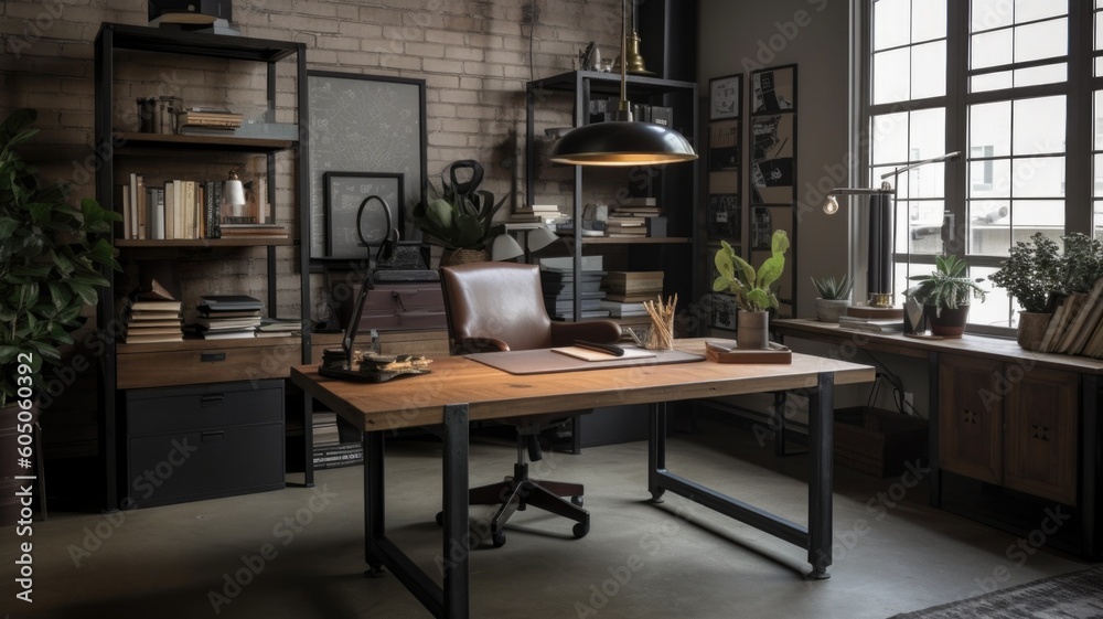 Interior design of Home Office in Industrial style with Exposed brick ...