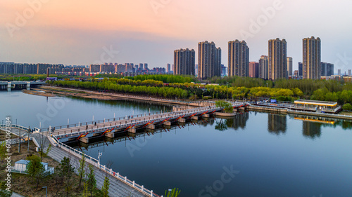 Landscape of buildings along the Yitong River in Changchun, China