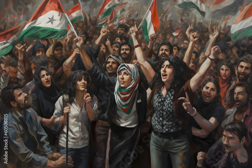 Canvas Print Crowd of people with flags at a protest rally