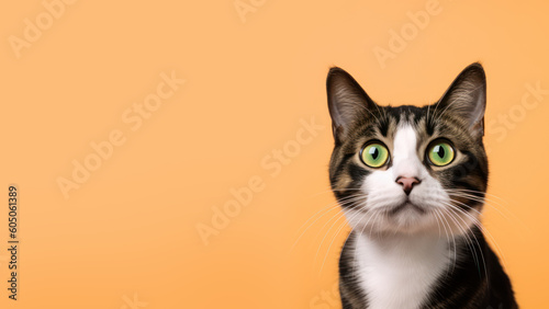 Advertising portrait, banner of a dark gray classic beautiful striped cat with green eyes isolated on a neutral orange background. Generated Ai