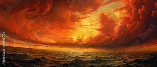 Billede på lærred Breathtaking beauty of a fiery sunset over the sea, with vibrant colors and a sky ablaze in a captivating firestorm