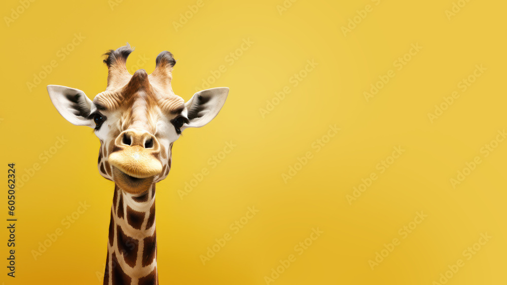 Advertising portrait, banner, spotted giraffe on the left side of the frame, with a surprised look, isolated on a neutral yellow background. Generated Ai.