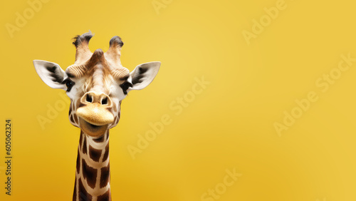 Advertising portrait, banner, spotted giraffe on the left side of the frame, with a surprised look, isolated on a neutral yellow background. Generated Ai.