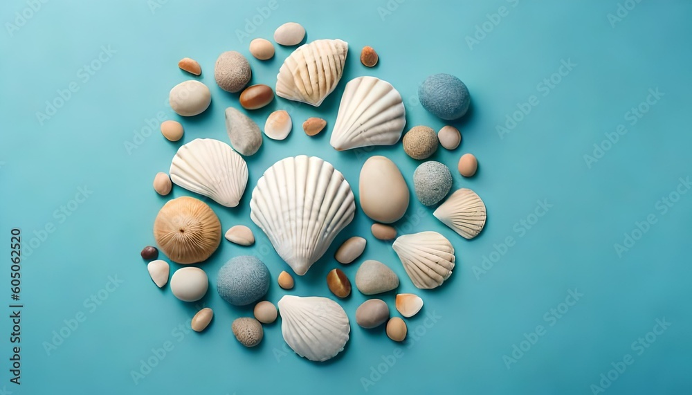 Top view of sea shells and stones on a pink background