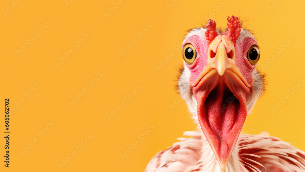 Advertising portrait, banner, white turkey with pink accents, looking seriously directly at the camera, isolated on a yellow neutral background. Generated Ai