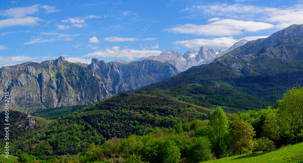 View on Naranjo de Bulnes or Picu Urriellu,  limestone peak dating from Paleozoic Era, located in Macizo Central region of Picos de Europa, mountain range in  Asturias, Spain