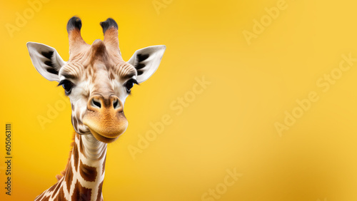 Advertising portrait, banner, calm giraffe on the left side of the frame, with a surprised look, isolated on a neutral yellow background. Generated Ai