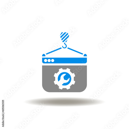 Vector illustration of website with gear wrench and crane. Icon of website maintenance. Symbol of website under construction. Sign of CMS.