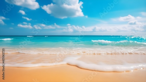 Beautiful tropical wave of summer sea surf. Soft turquoise blue ocean wave on the golden sandy beach. generative AI