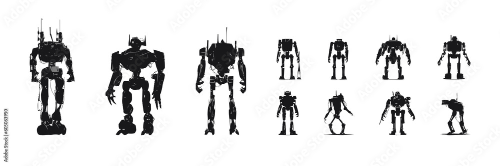 Set of black silhouettes of robots isolated on white background, vector illustration