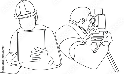 Close up of Caucasian worker with helmet on head using tablet for work while standing in warehouse. Surveyor with a tripod icon. Geodesic tripod. Vector illustration