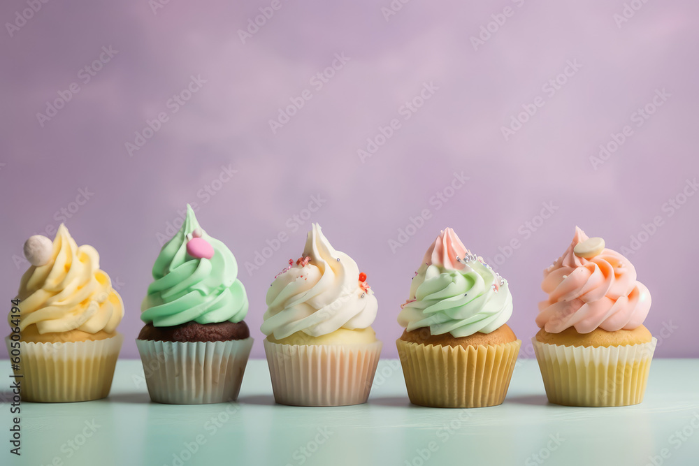 Tasty cupcakes with high, creamy swirl and sprinkles stand in rows on pastel colored background. Front view of delicious cupcakes in paper cups with swirl whipped cream. Generative AI photo imitation.