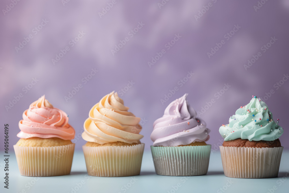 Four cupcakes with a high, creamy swirl stand in rows on a pastel colored background. Front view of delicious cupcakes in paper cups with swirl whipped cream. Generative AI photo imitation.