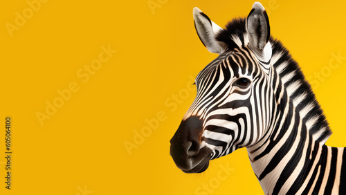Advertising portrait  banner  beautiful white black skin zebra  simple look  isolated on neutral yellow background. Generated Ai. High quality illustration Generative AI