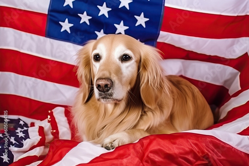 A golden retriever laying in front of an american flag