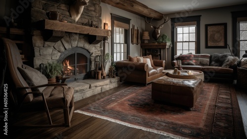 Living room decor, home interior design . Rustic Farmhouse style with Fireplace decorated with Wood and Stone material . Generative AI AIG26. photo