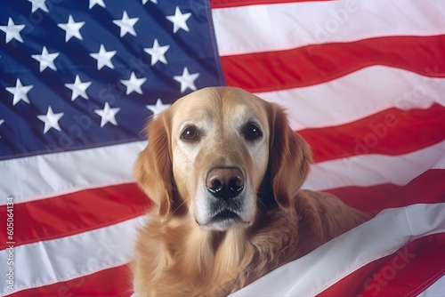 A dog sitting in front of an american flag