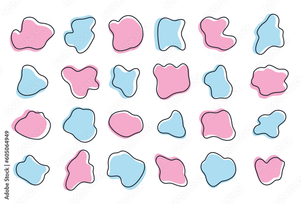 Pack of abstract colorful drops isolated on white backdrop. Pink and light blue random stains and blobs. Vector design elements Pack of abstract colorful drops isolated on white backdrop. Pink and light blue random stains and blobs. Vector design elements