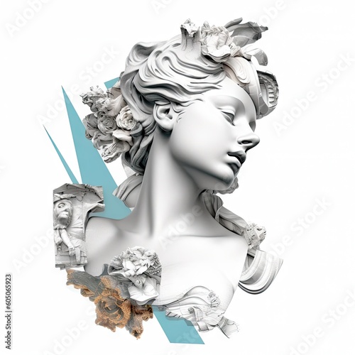 Contemporary art concept collage with antique statue head in a zine culture style. Beautiful face young woman. 3D illustration, social media post. Generative AI