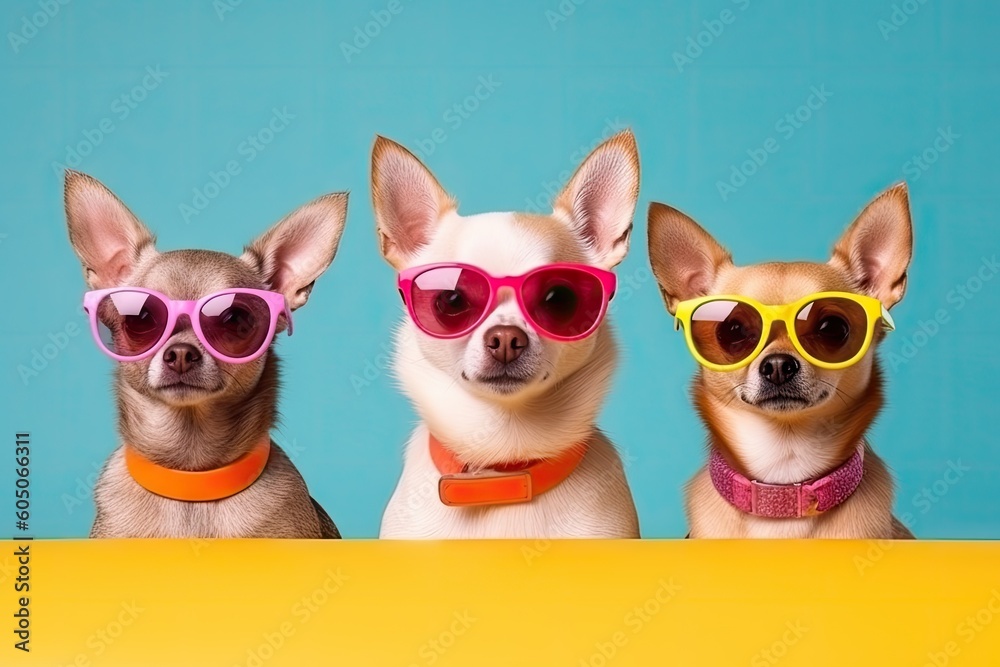 chihuahuas wearing colorful sunglasses, colored background, web banner style. Generative AI