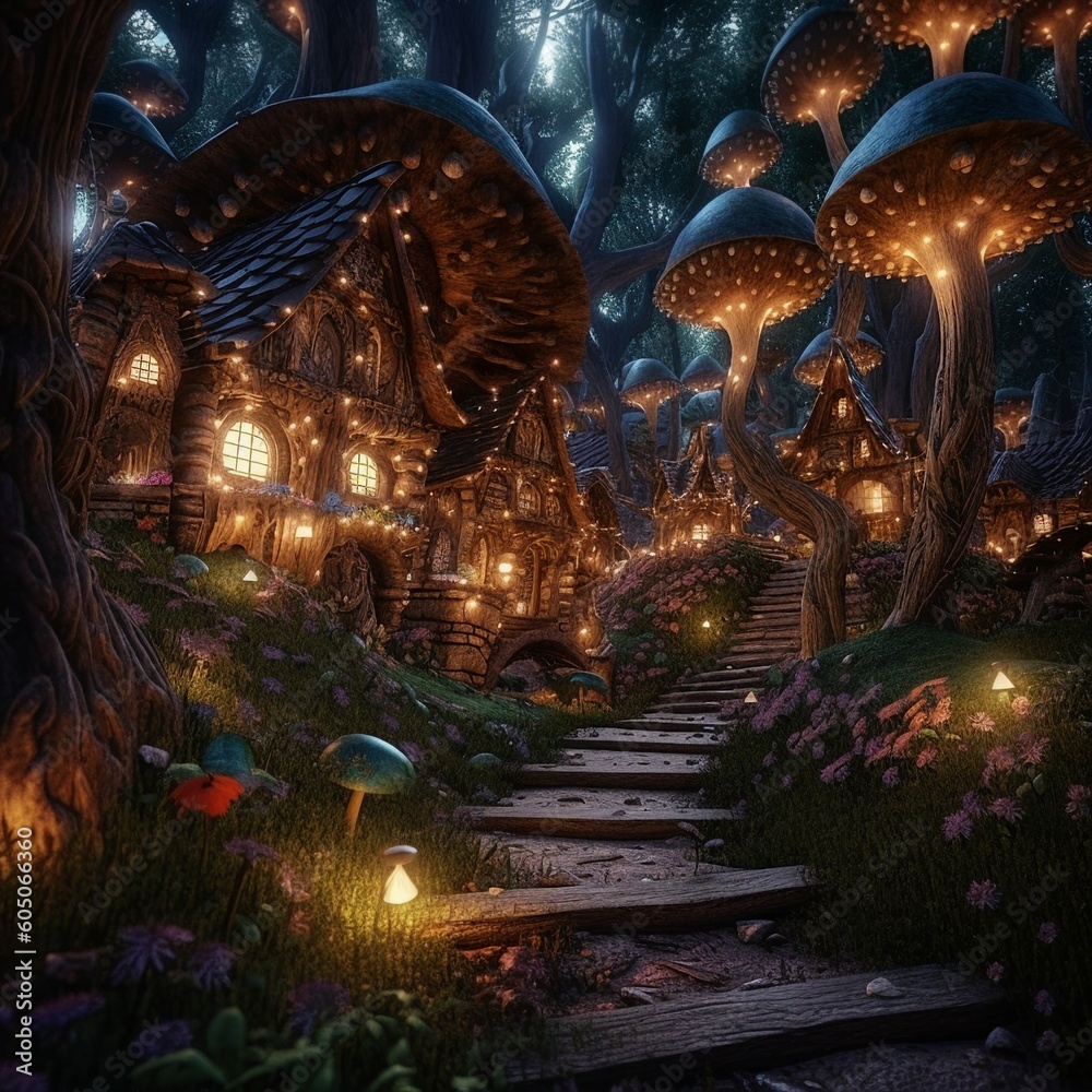 a densed fantasy forest with a trail of lamps and a goblin house, magical lights, glowing strings, uhd, hdr, 8k, hyper details, rich colors, photograph