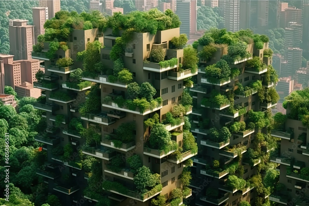 Splendid environmental awareness city with vertical forest concept of metropolis covered with green plants. Civil architecture and natural biological life combination. Generative AI