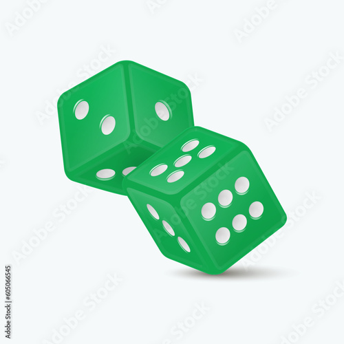 Vector 3d Realistic Green Game Dice with White Dots Set Closeup Isolated on White Background. Game Cubes Couple for Gambling in Different Positions, Casino Dices, Round Edges