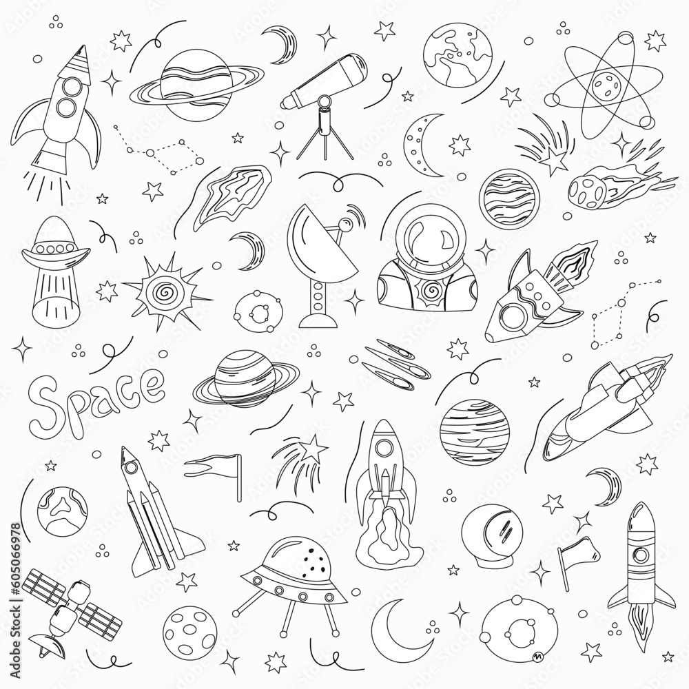 Space elements set, black and white doodle style vector illustration collection. Explore the wonders of space with hand-drawn planets, stars, galaxies, and more. Space elements set, black and white doodle style vector illustration collection. Explore the wonders of space with hand-drawn planets, stars, galaxies, and more.
