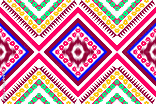 Seamless pattern background image, stitched together in any way. geometric shapes Tribal abstract red yellow green white design for textiles, prints, carpets, bed sheets.