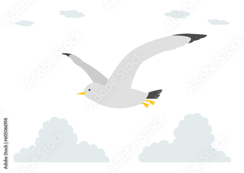 空を飛ぶカモメと雲のイラストのセット
