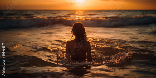 A young beautiful woman stands with her back against the background of the sea and the seashore, in the rays of the setting sun. Generative AI