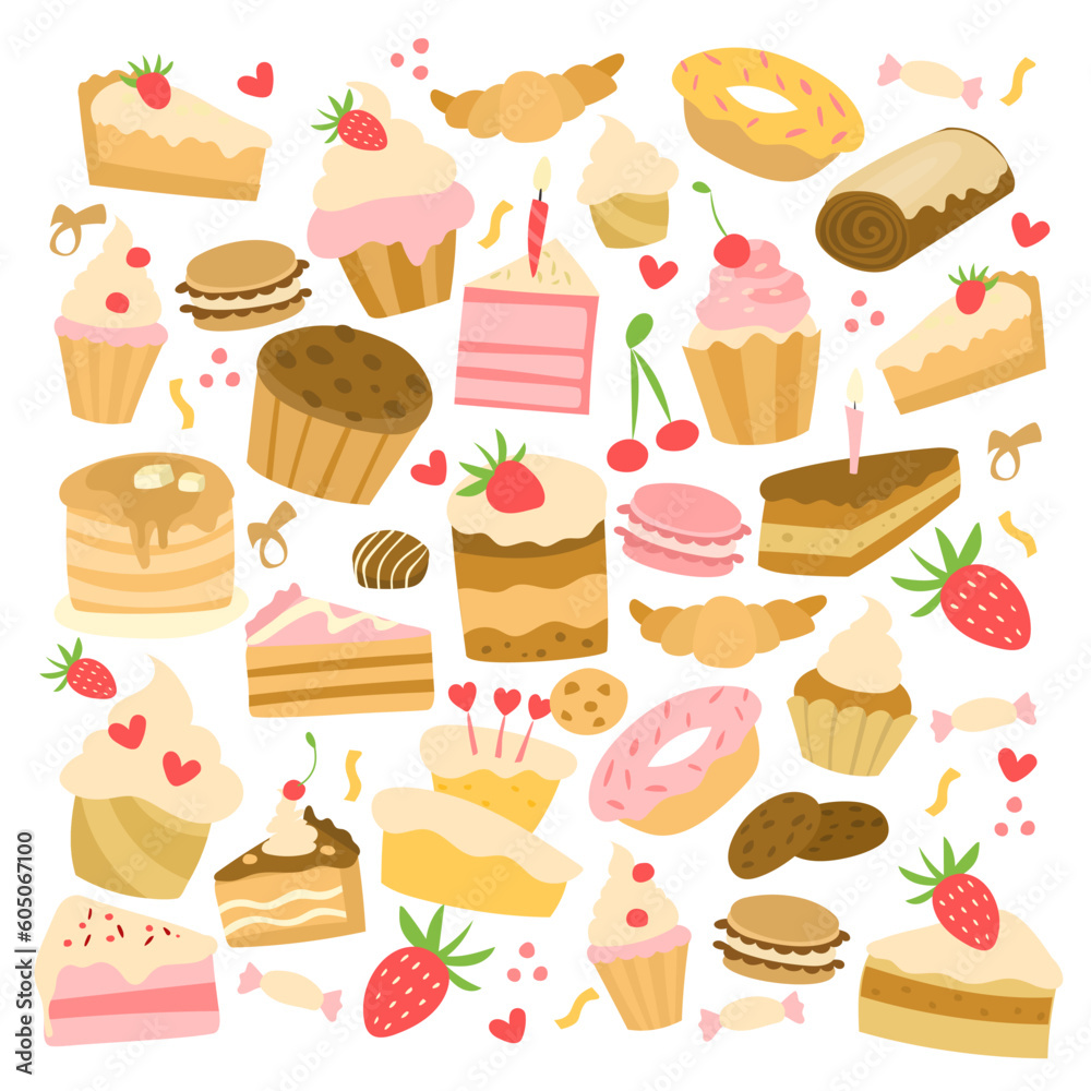 A big collection of desserts, muffins, slices of pies with berry decorations, pancakes and other vector flat sweets. A big collection of desserts, muffins, slices of pies with berry decorations, pancakes and other vector flat sweets.