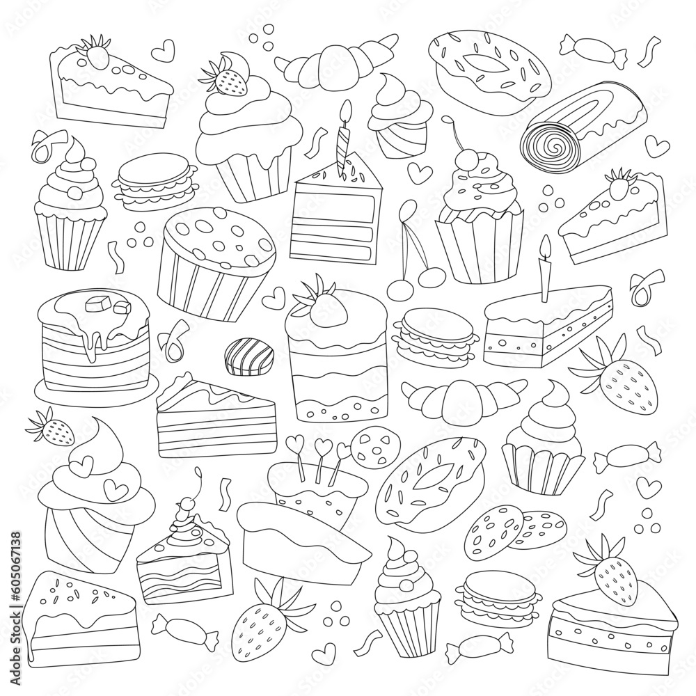 Big set of cakes and sweets, vector black line illustration, black and white, coloring page.
