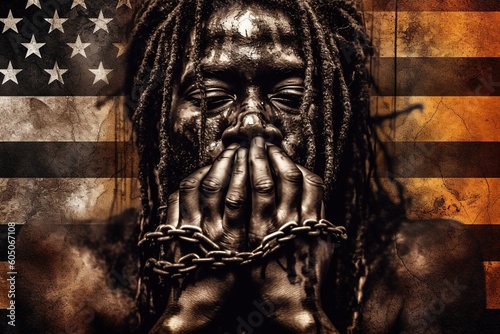 Black Lives Matter. The problem of culture, racism, and the descrImination of slavery. Juneteenth Emancipation Day. June 19. Freedom of Glosa Rights , fist of the chain Afro-American. Generative AI photo