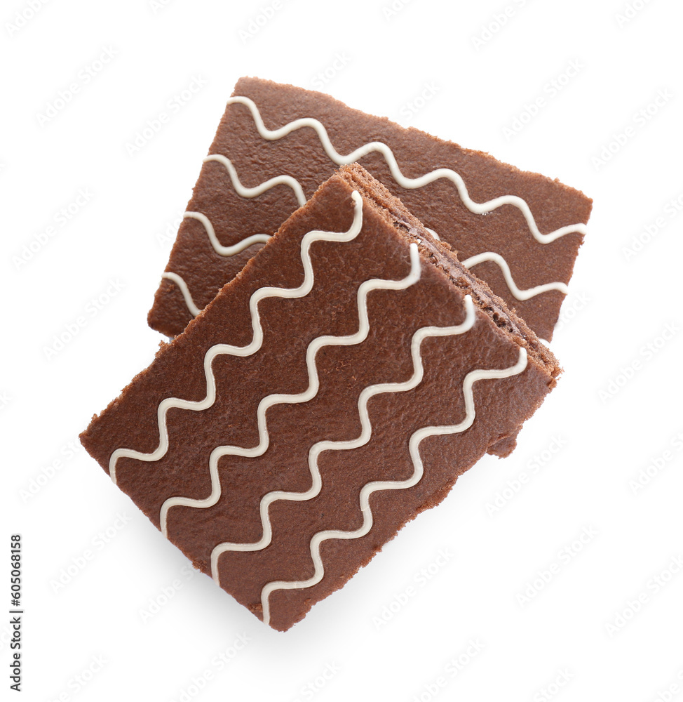 Delicious chocolate sponge cakes isolated on white, top view Delicious chocolate sponge cakes isolated on white, top view