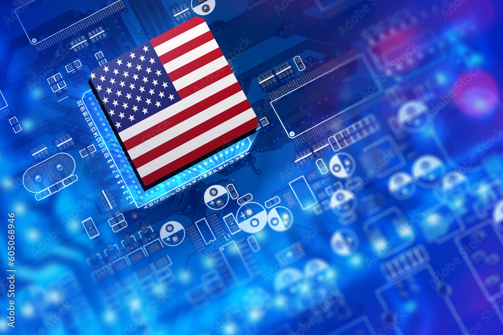 American flag on PCB. Digital boards with USA logo. Hightech industry