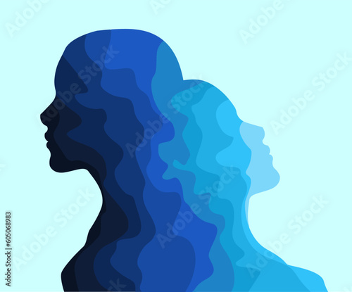 Empathy, support and help. One human figure leaning on other on light blue background, illustration